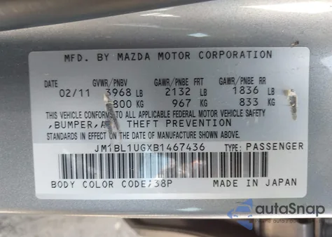 2011 Mazda Mazda3 I Sport from USA, damaged, VIN JM1BL1UGXB1467436